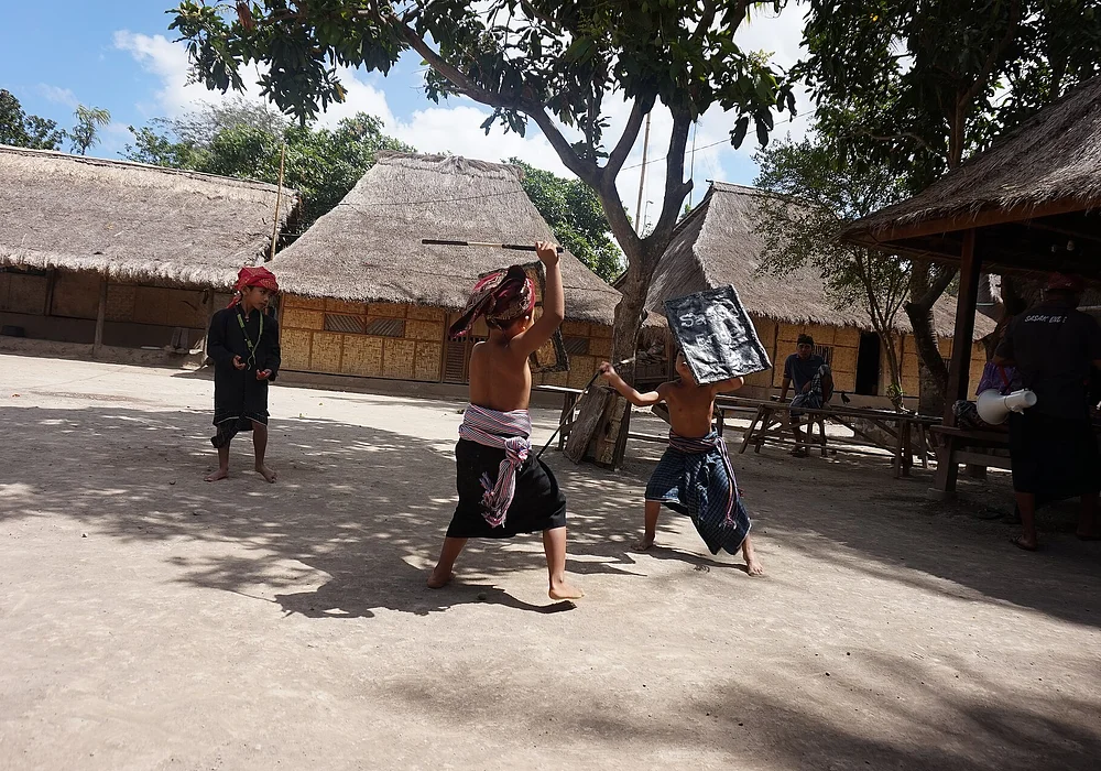 Two Sasaknese boys fighting in the Prisean game with their wooden sticks and shields in Sasaknese Ende Village in Lombok.