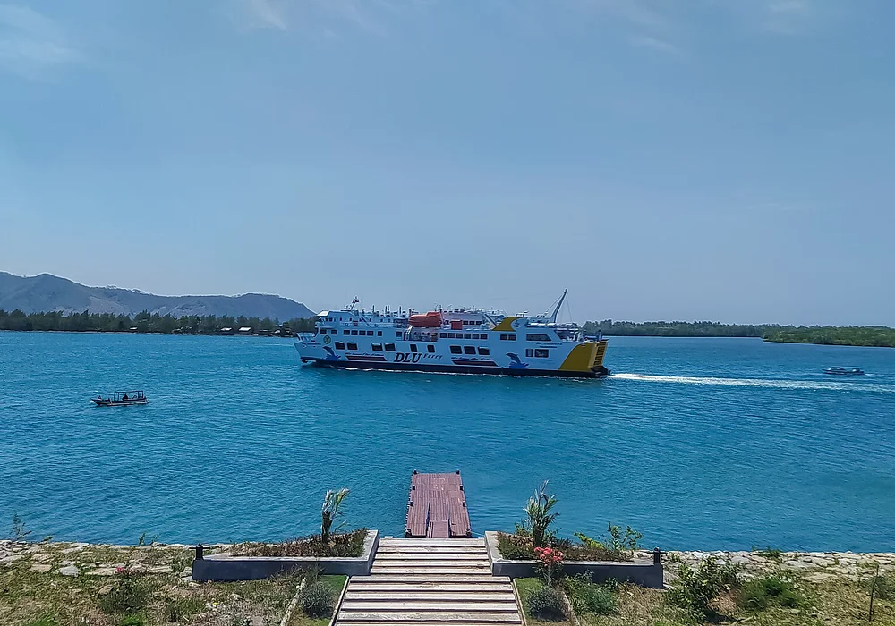 Dharma Lautan Utama's Kirana VII ship departing Lombok's Lembar Port. This photo was taken from Gili Mas Terminal